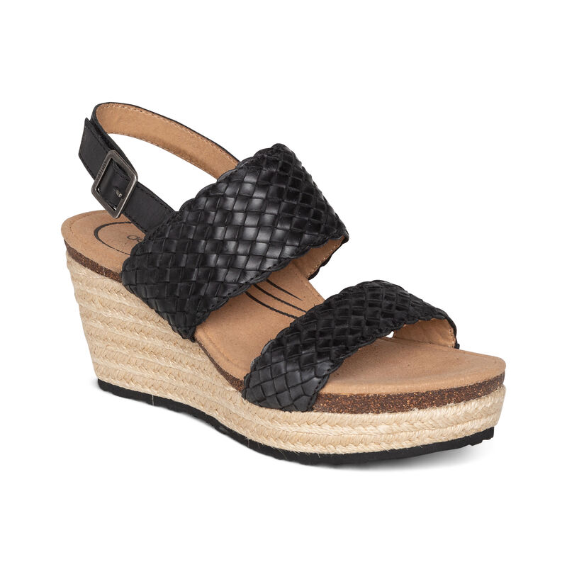 Aetrex Womens Summer Woven Quarter Strap Wedges Black - 0p63hgbBz